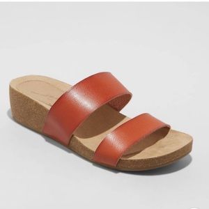 Two Band Wedge Slide Sandals in Cognac NWT